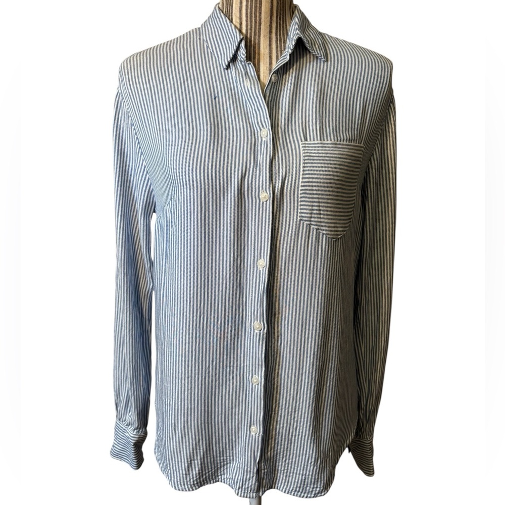 A New Day Shirt XS Blue White Striped Button-Down Long Sleeve Pocket Rayon